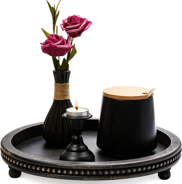 Black Beaded Wooden Tray for Home Decor