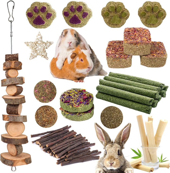 20 PCS Bunny Chew Toys for Teeth, Natural Rabbit Toys  Wood Grass Timothy Sticks Chew and Treat for Guinea Pigs Hamster Chinchillas