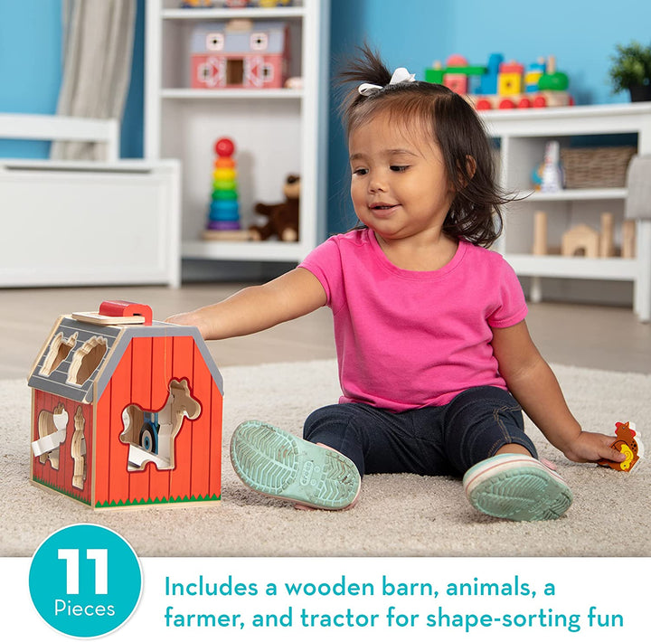 Wooden Take-Along Barn Toy with Flip-Up Roof and Handle, 10 Farm Play Pieces, Shape Sorting and Stacking Learning Toys for Toddlers and Kids Ages 2+