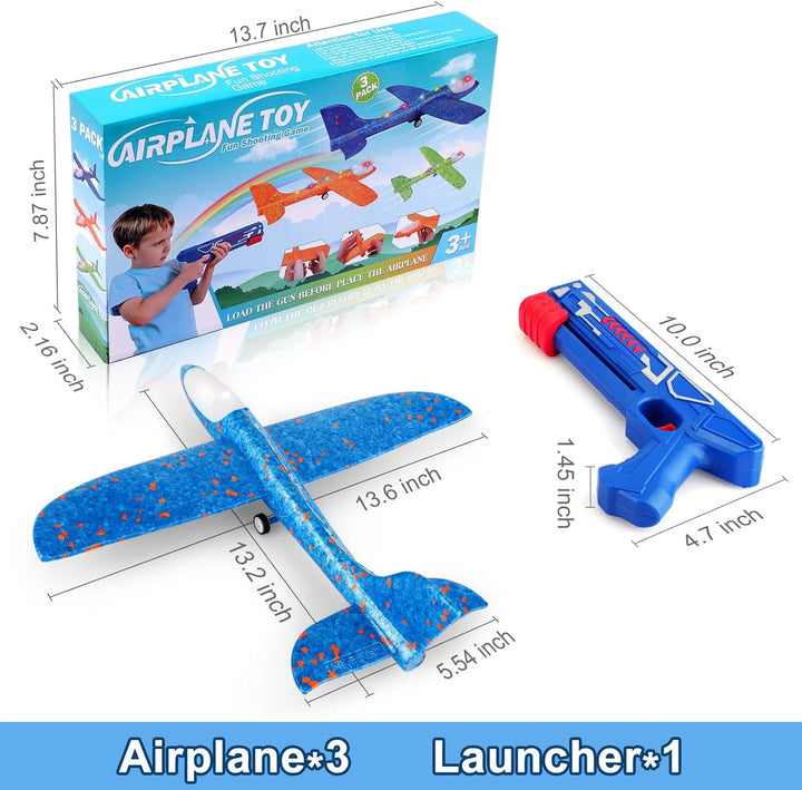 3 Pack Airplane Launcher Toys, 13.2'' LED Foam Glider Catapult Plane Toy for Boys, 2 Flight Modes Outdoor Flying Toys Birthday Gifts for Boys Girls 4 5 6 7 8 9 10 11 12 Year Old