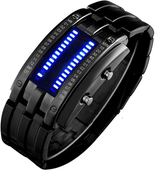 Creative Mens Binary Matrix Blue LED Digital Watch Fashion Classic Black Plated Waterproof LED Backlight Bracelet Watches