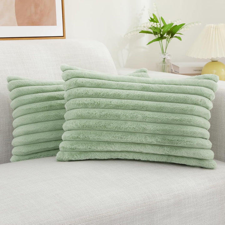 Faux Fur Striped Pillow Covers Set of 2