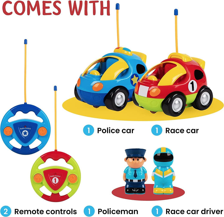 Cartoon Remote Control Car - 2-Pack  and Race Car Toddler Toys - RC Cars for Kids with Different Frequencies - Easy Remote Control Toy and Thoughtful Gifts for Boys and Girls