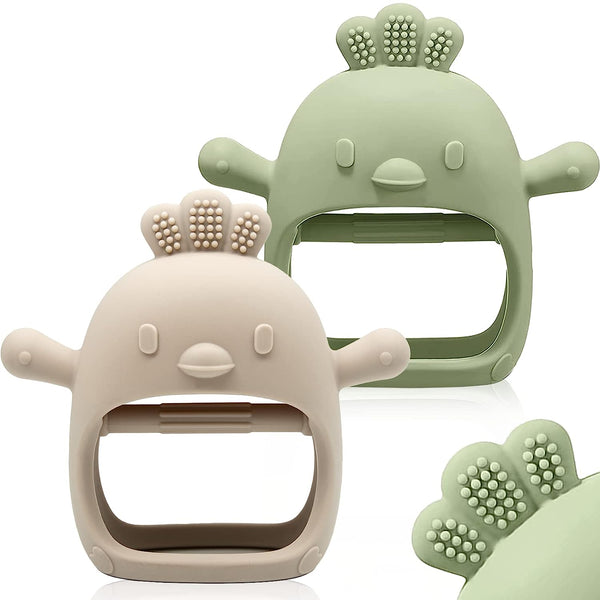 2 Packs Baby Teething Toy for 0-6 6-12 Months,  Grade Silicone Teething Mitten, anti Dropping Wrist Hand Teethers Baby Chew Toys for Sucking Needs, BPA Free (Green & Caramel)