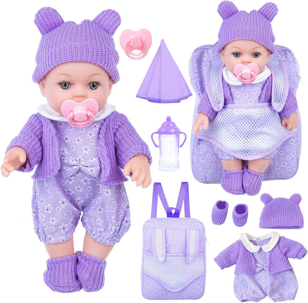 12 Inch Backpack Baby Doll Playset with Washable Dolls and Accessories Includes Backpack, Bottles, Nipple, Blankets, Hats, Clothes, Socks First Baby Dolls for Toddlers 3 Years and Up