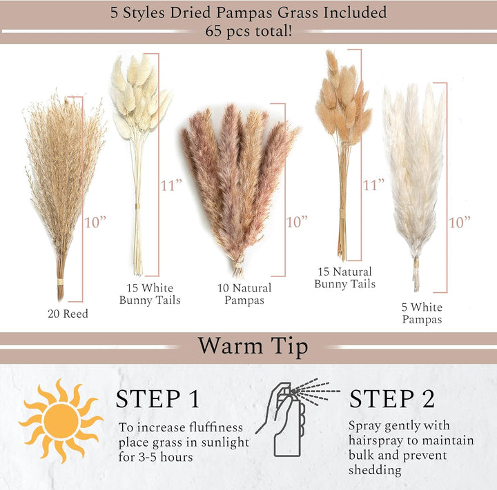 3-Piece White Ceramic Vases w/ Pampas Grass
