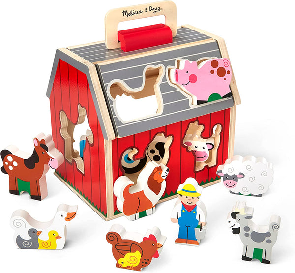 Wooden Take-Along Barn Toy with Flip-Up Roof and Handle, 10 Farm Play Pieces, Shape Sorting and Stacking Learning Toys for Toddlers and Kids Ages 2+