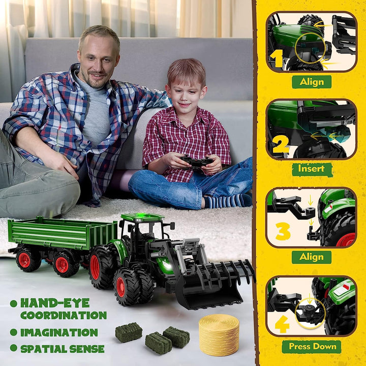 Remote Control Tractor Toy, Kids RC Tractor Set & Truck and Trailer Front Loader - Metal Car Head/8 Wheel/Light, Toddlers Farm Vehicle Toys for 3 4 5 6 7 8 9 Year Old Boys Girls Birthday Gift