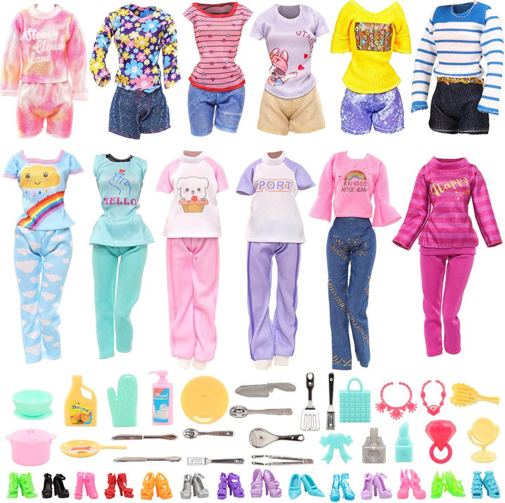 57 PCS Doll Clothes and Accessories 3 Wedding Gowns 3 Tops 3 Pants 3 Fashion Dresses 1 Evening Dresses 2 Swimsuits Bikini 6 Braces Skirt 10 Hangers 15 Shoes and 14 Accessories Toys for 11.5 Inch Doll