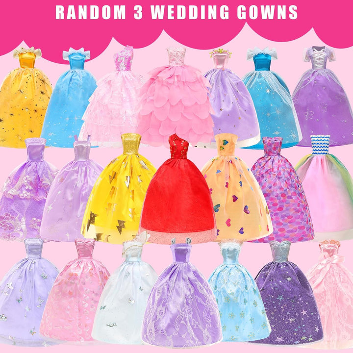 57 PCS Doll Clothes and Accessories 3 Wedding Gowns 3 Tops 3 Pants 3 Fashion Dresses 1 Evening Dresses 2 Swimsuits Bikini 6 Braces Skirt 10 Hangers 15 Shoes and 14 Accessories Toys for 11.5 Inch Doll