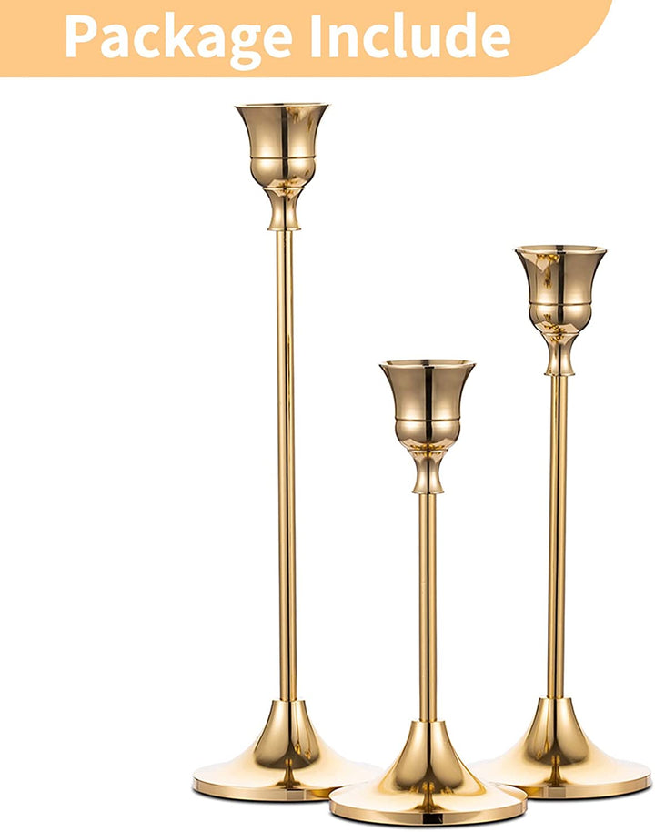 Gold Brass Taper Candle Holders Set (3)