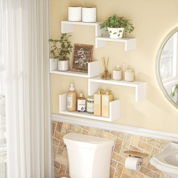 Set of 5 Floating Wood Shelves - Washed White