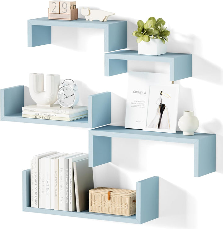 Set of 5 Floating Wood Shelves - Washed White