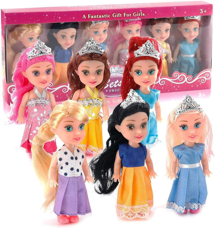 Little Royal Princess Toddler Dolls with Dresses, Girls Imaginative Pretend Play Small Dolls Party Favors Collection (6 Pack)