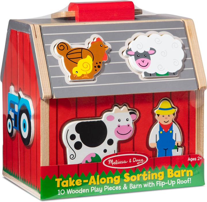 Wooden Take-Along Barn Toy with Flip-Up Roof and Handle, 10 Farm Play Pieces, Shape Sorting and Stacking Learning Toys for Toddlers and Kids Ages 2+