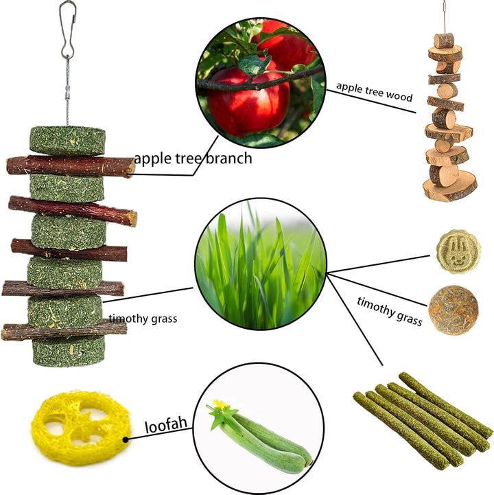 20 PCS Bunny Chew Toys for Teeth, Natural Rabbit Toys  Wood Grass Timothy Sticks Chew and Treat for Guinea Pigs Hamster Chinchillas