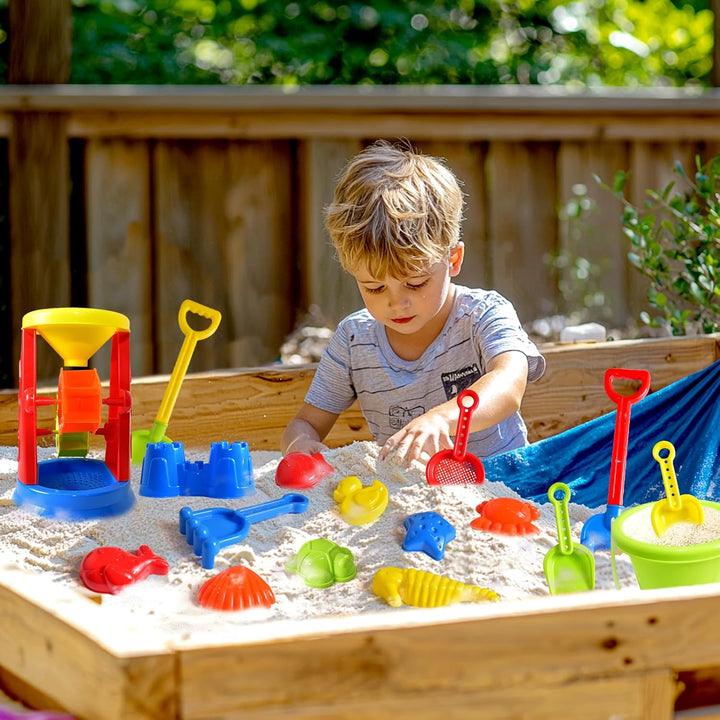 Beach Toys, 19 Piece Sand Toys Set Kids Sandbox Toys Includes Water Wheel Beach Tool Kit Bucket Watering Can Molds with Mesh Bag for Kids Ages 3-13