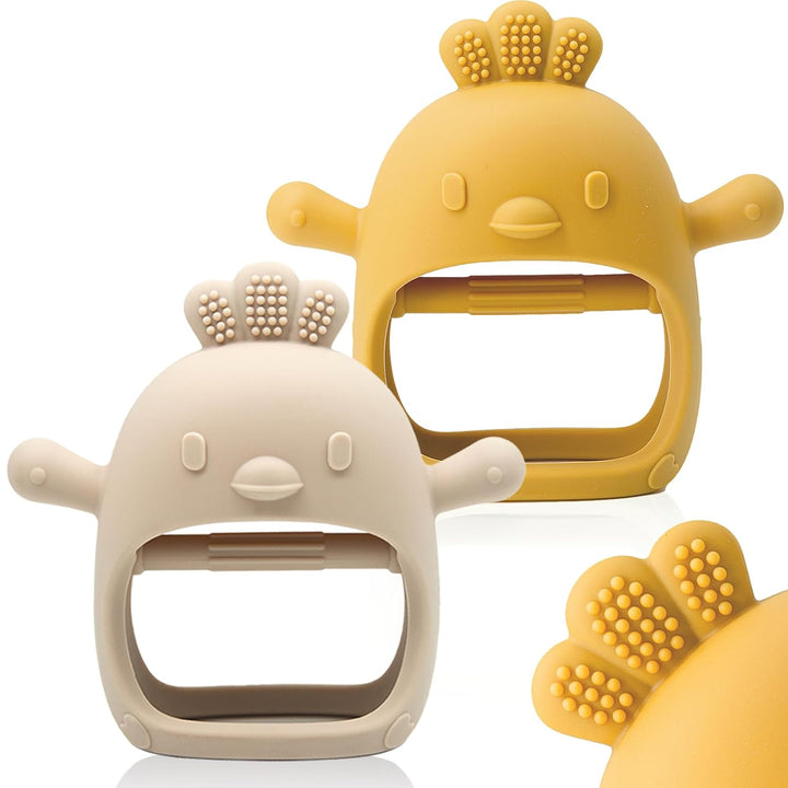 2 Packs Baby Teething Toy for 0-6 6-12 Months,  Grade Silicone Teething Mitten, anti Dropping Wrist Hand Teethers Baby Chew Toys for Sucking Needs, BPA Free (Green & Caramel)
