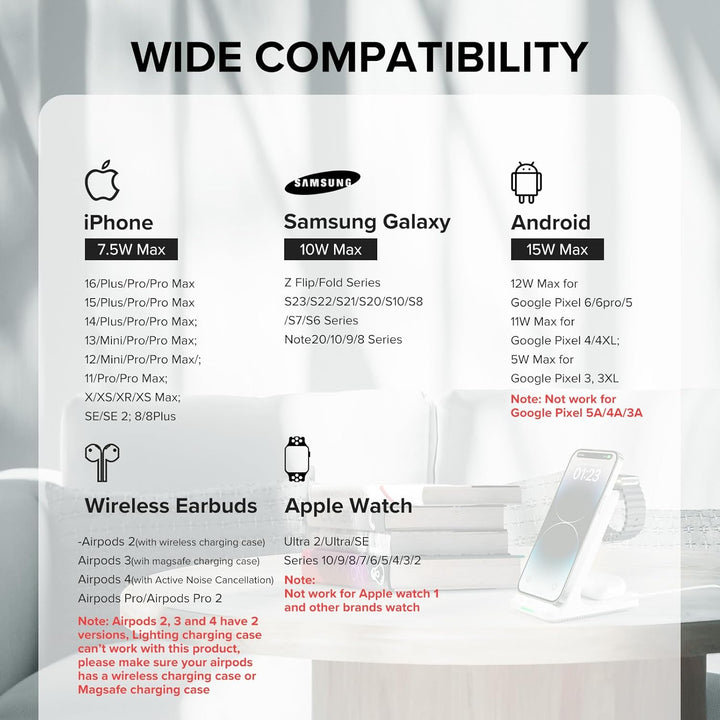 Wireless Charging Station, 3 in 1 Fast Wireless Charger Stand for Multiple Devices  Watch Ultra Series 10 9 8 7 6 SE 5 4 3 2,  16 15 14 13 12 11 Pro Max/Plus/Mini/X/Xs/Max/Xr/Se, Airpods