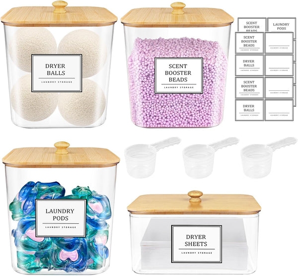 3+1 Pack Laundry Pods Container,Clear Laundry Room Organization Containers,Large Laundry Detergent Powder Storage Containers with Wooden Lids & Labels,Laundry Pods Holder for Scent Booster,Powder,Pods
