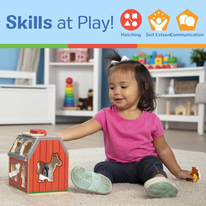 Wooden Take-Along Barn Toy with Flip-Up Roof and Handle, 10 Farm Play Pieces, Shape Sorting and Stacking Learning Toys for Toddlers and Kids Ages 2+
