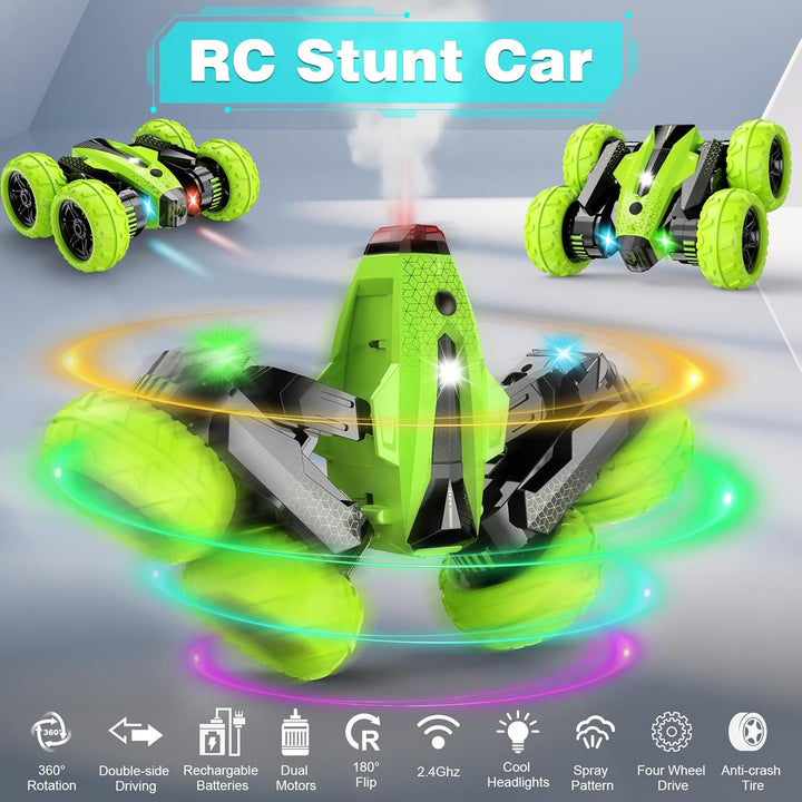 Remote Control Car, RC Stunt Car, 2.4Ghz Double Sided 360° Rotating Remote Control Truck with Headlights, 4 Wheel Drive, Cool Spray Patterns Music for Boys Girls Age 6 7 8 9 10 11 Year Old