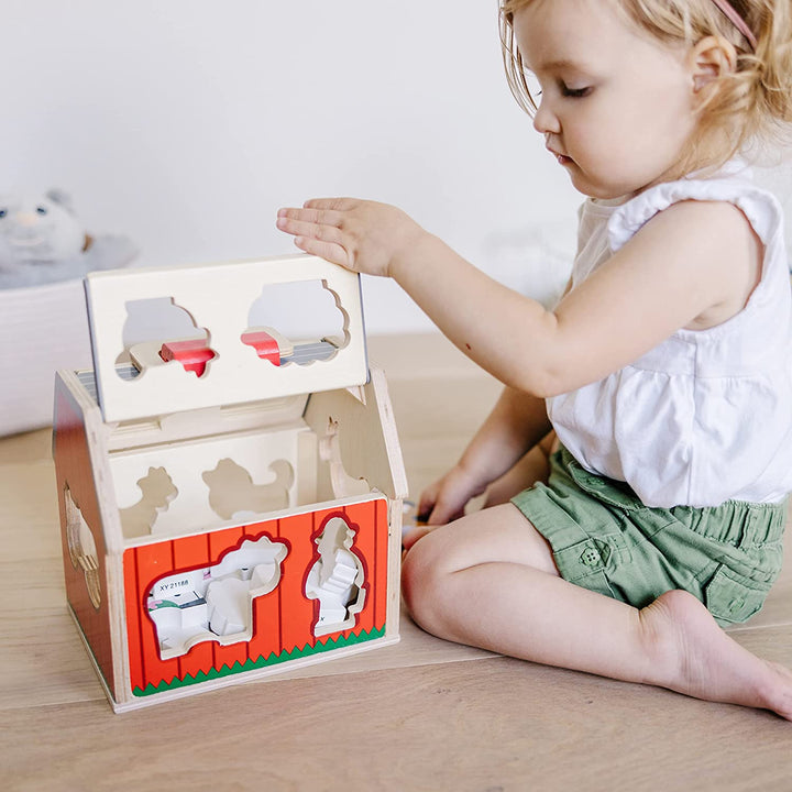 Wooden Take-Along Barn Toy with Flip-Up Roof and Handle, 10 Farm Play Pieces, Shape Sorting and Stacking Learning Toys for Toddlers and Kids Ages 2+