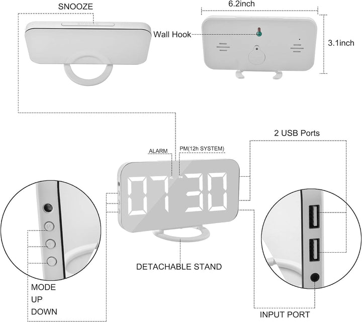 LED Mirror Alarm Clock - White