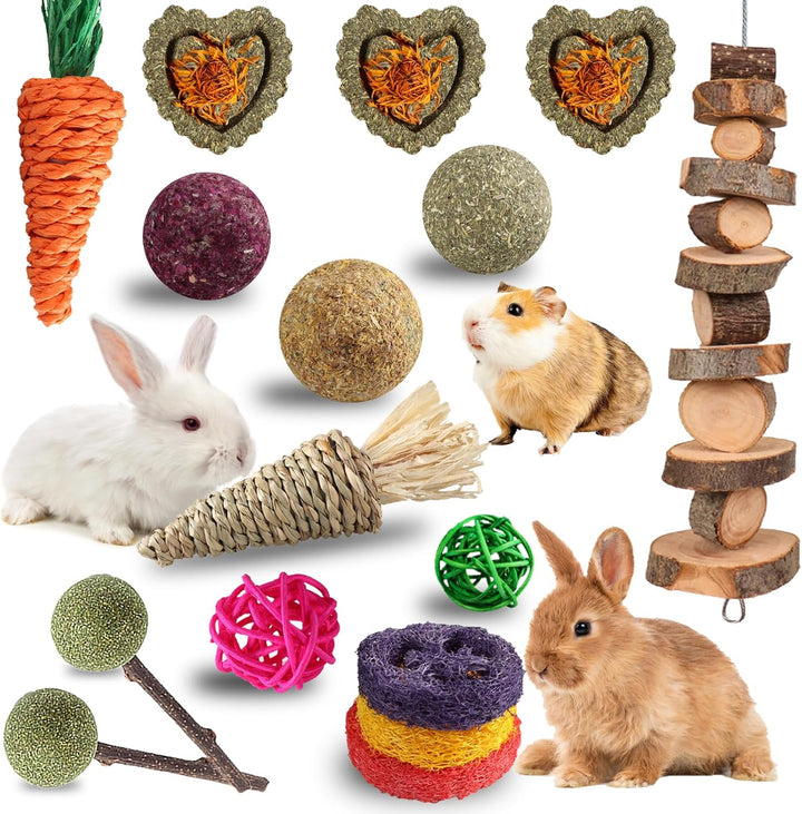 20 PCS Bunny Chew Toys for Teeth, Natural Rabbit Toys  Wood Grass Timothy Sticks Chew and Treat for Guinea Pigs Hamster Chinchillas