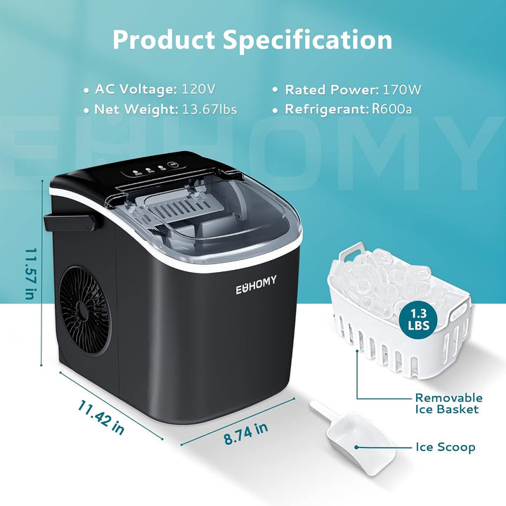 Portable Ice Maker, 26Lbs/24Hrs, Black
