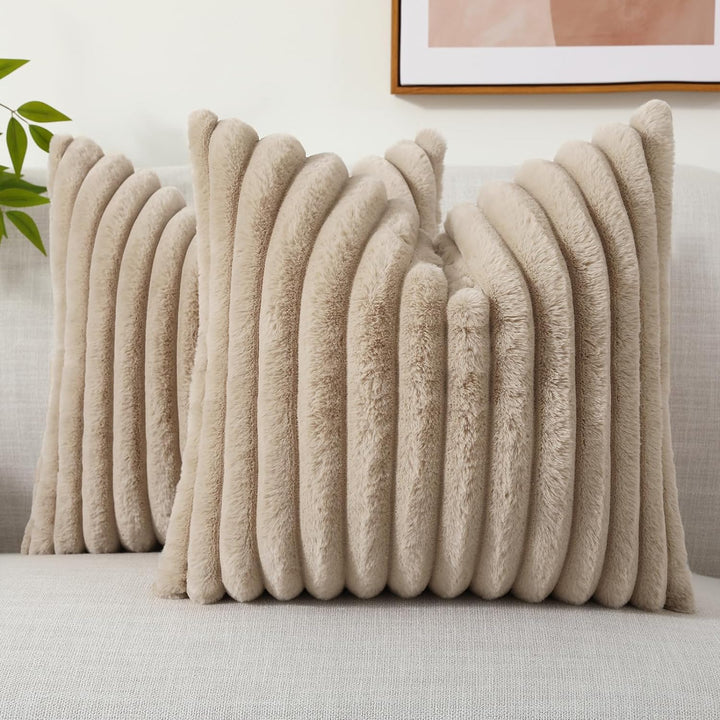Faux Fur Striped Pillow Covers Set of 2
