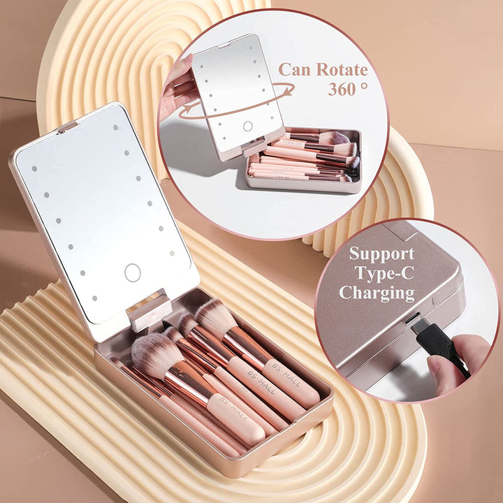 14pc Makeup Brush Set w/ LED Mirror