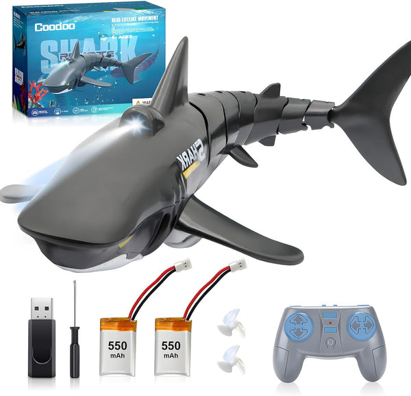 2.4G Remote Control Shark Toy 1:18 Scale High Simulation Shark for Swimming Pool Bathroom - Great Gift RC Boat Toys for 6+ Year Old Boys and Girls (With 2 Batteries)