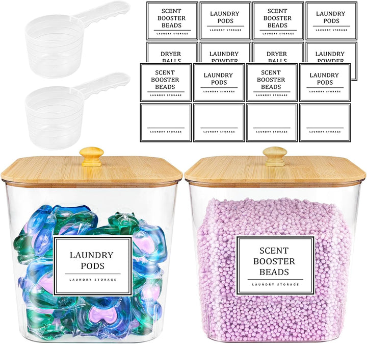 3+1 Pack Laundry Pods Container,Clear Laundry Room Organization Containers,Large Laundry Detergent Powder Storage Containers with Wooden Lids & Labels,Laundry Pods Holder for Scent Booster,Powder,Pods