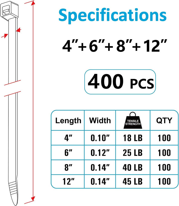 400 Pack Assorted Black Cable Ties