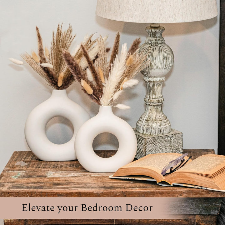 3-Piece White Ceramic Vases w/ Pampas Grass
