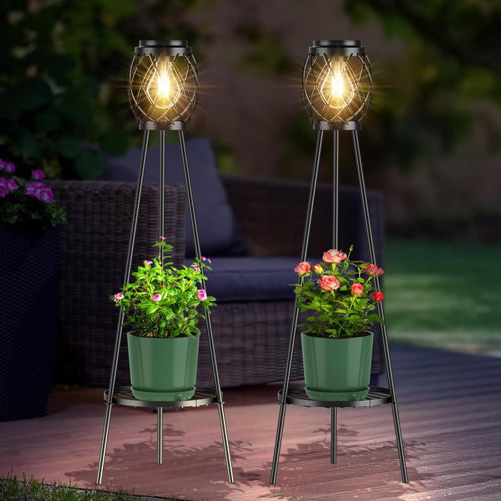 2 Pack Solar Lights Outdoor with Plant Stands - Solar Floor Lamp & Street Lights with Metal Tripod - Patio Decor for Garden, Yard, Pathway, Driveway, Porch