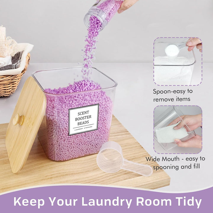 3+1 Pack Laundry Pods Container,Clear Laundry Room Organization Containers,Large Laundry Detergent Powder Storage Containers with Wooden Lids & Labels,Laundry Pods Holder for Scent Booster,Powder,Pods