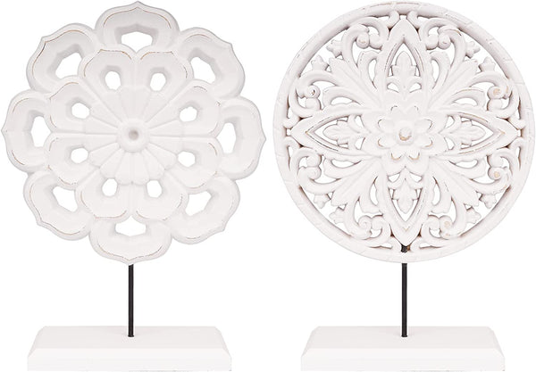 2-Pack Wooden Flower Medallion Statues