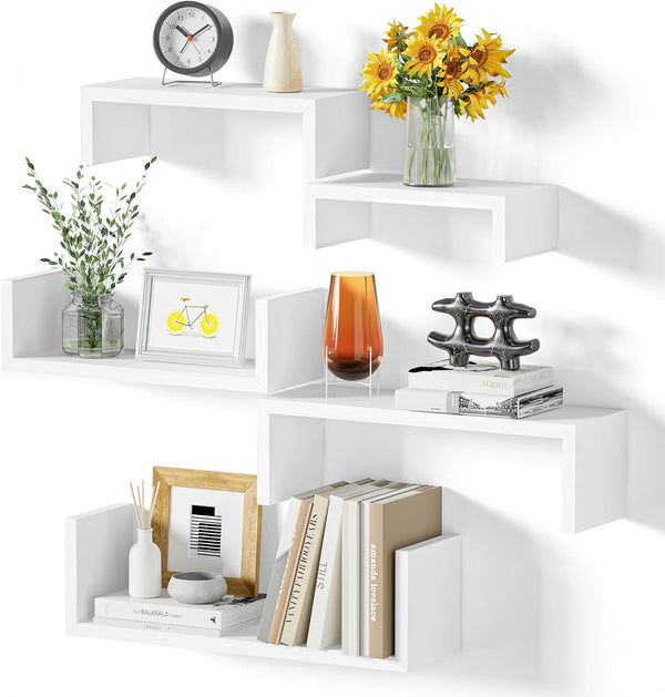 Set of 5 Floating Wood Shelves - Washed White