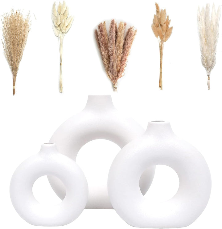 3-Piece White Ceramic Vases w/ Pampas Grass