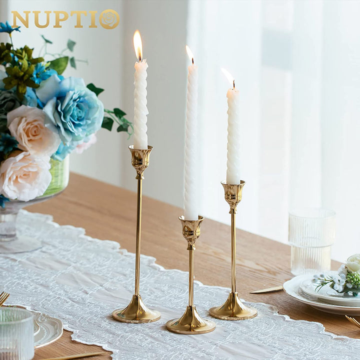 Gold Brass Taper Candle Holders Set (3)