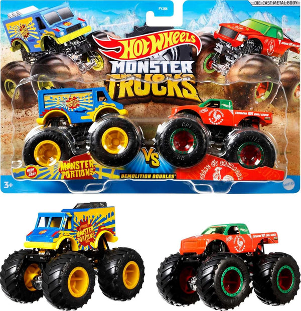 Monster Trucks 2-Pack, Demolition Doubles Set of 2 Toy Vehicles in 1:64 Scale, for Kids & Collectors (Styles May Vary)