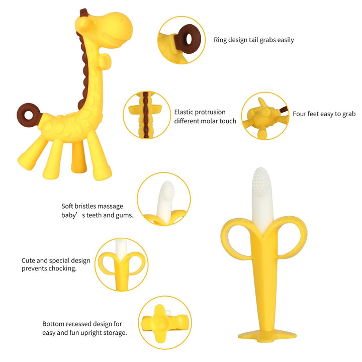 Baby Teething Toys, Silicone Baby Teether Freezer BPA Free, Soothe Babies Teething Relief Sore Gums, Banana Finger Toothbrush, Fruit Shape Giraffe Teether Set for Infant Boys and Girls