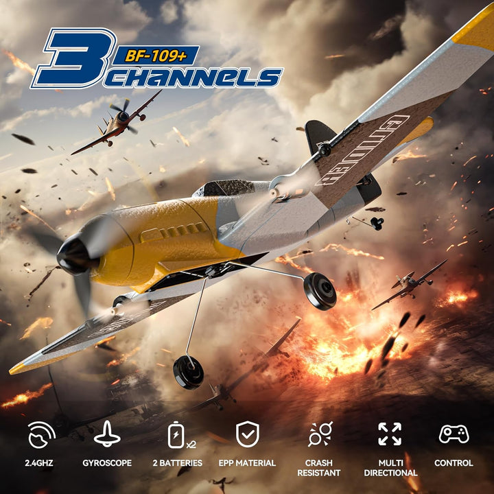 RC Plane 3 Channel BF-109 Remote Control Airplane Fighter Toys,2.4Ghz 6-Axis Gyro Stabilizer RTF Glider Aircraft Plane with 2 Batteries,Easy to Fly for  Kids Beginners Boys