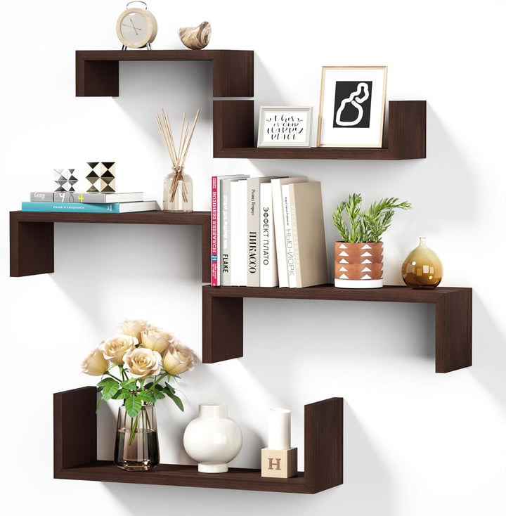 Set of 5 Floating Wood Shelves - Washed White