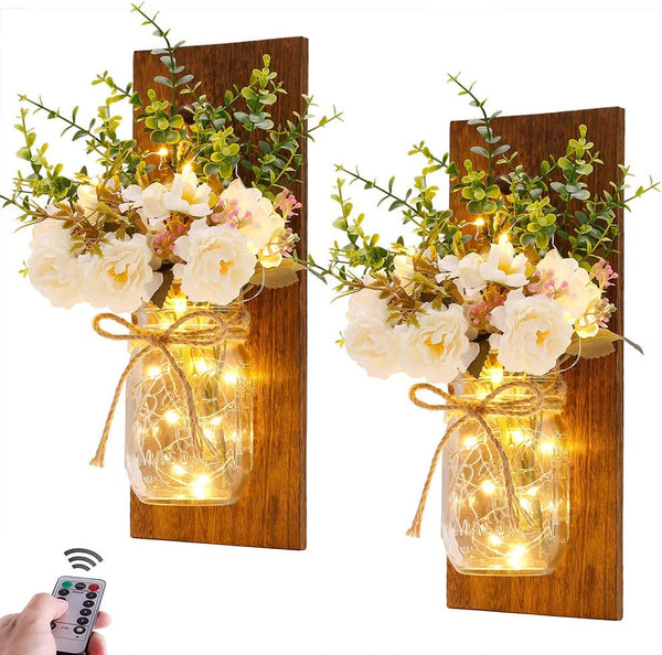 Rustic Mason Jar Wall Sconces with LED Lights