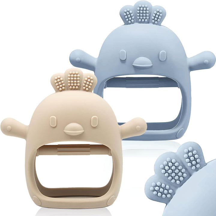 2 Packs Baby Teething Toy for 0-6 6-12 Months,  Grade Silicone Teething Mitten, anti Dropping Wrist Hand Teethers Baby Chew Toys for Sucking Needs, BPA Free (Green & Caramel)