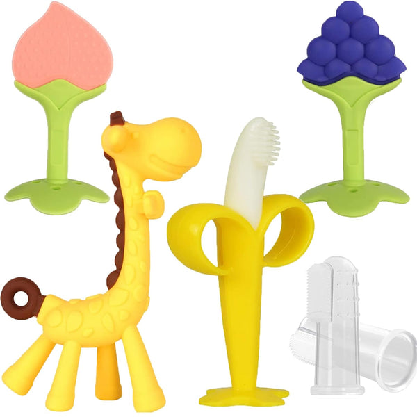 Baby Teething Toys, Silicone Baby Teether Freezer BPA Free, Soothe Babies Teething Relief Sore Gums, Banana Finger Toothbrush, Fruit Shape Giraffe Teether Set for Infant Boys and Girls