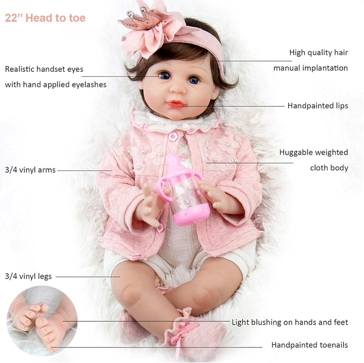 Reborn Baby Dolls Girl, 22 Inch Lifelike Realistic Silicone Baby Girl Doll That Look Real Packaged with Feeding Toy Accessories Set,Gift for Grandma and Kids 3+